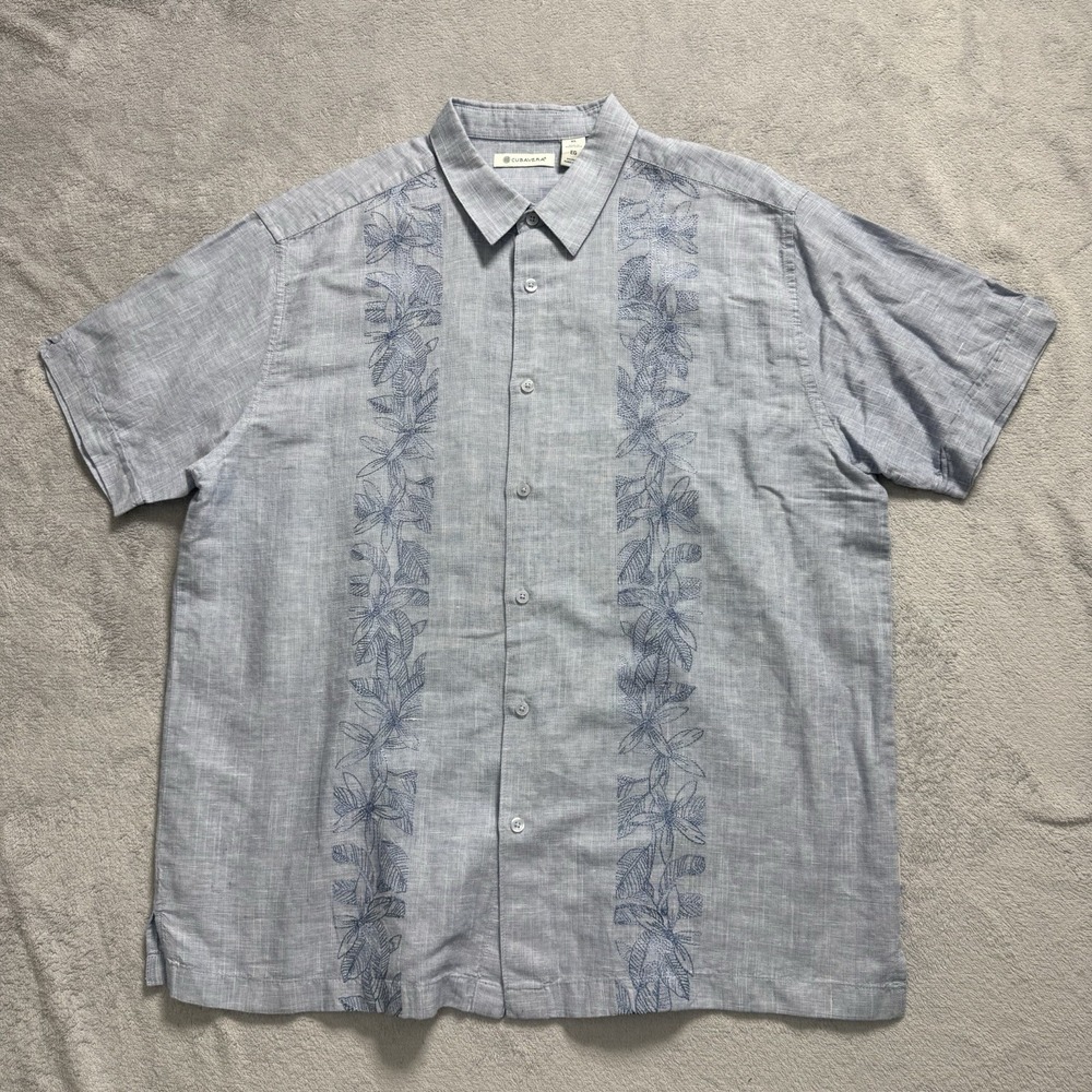 Cubavera Mens XL Blue Linen Guayabera Shirt Embroidered Short Sleeve Button Up